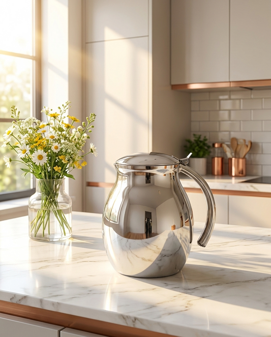 Plain Steel Jug on marble kitchen counter with flowers