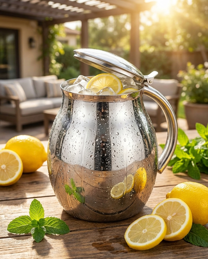 Plain Steel Jug with lemon and mint outdoor lifestyle