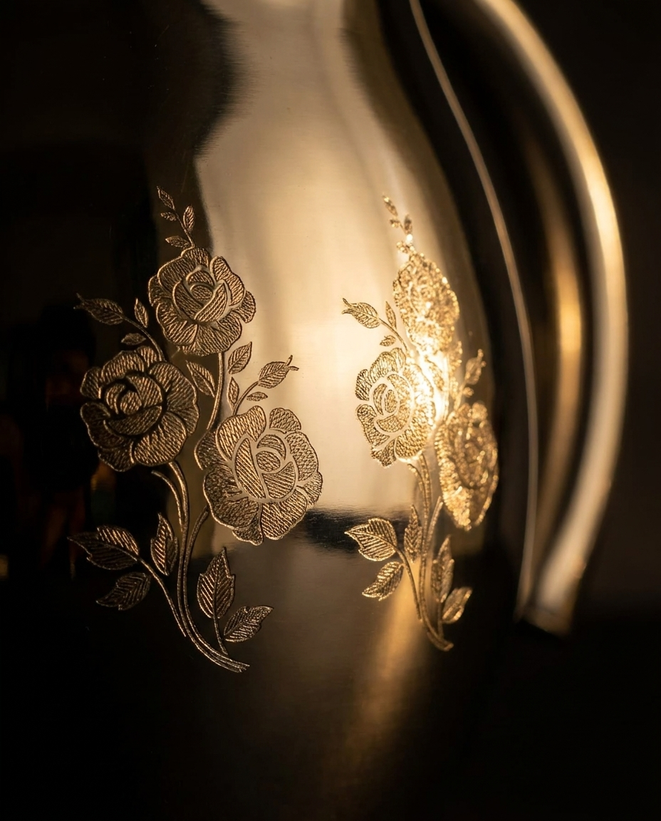 Laser Craft Jug - close up gold rose engraving macro detail dark studio