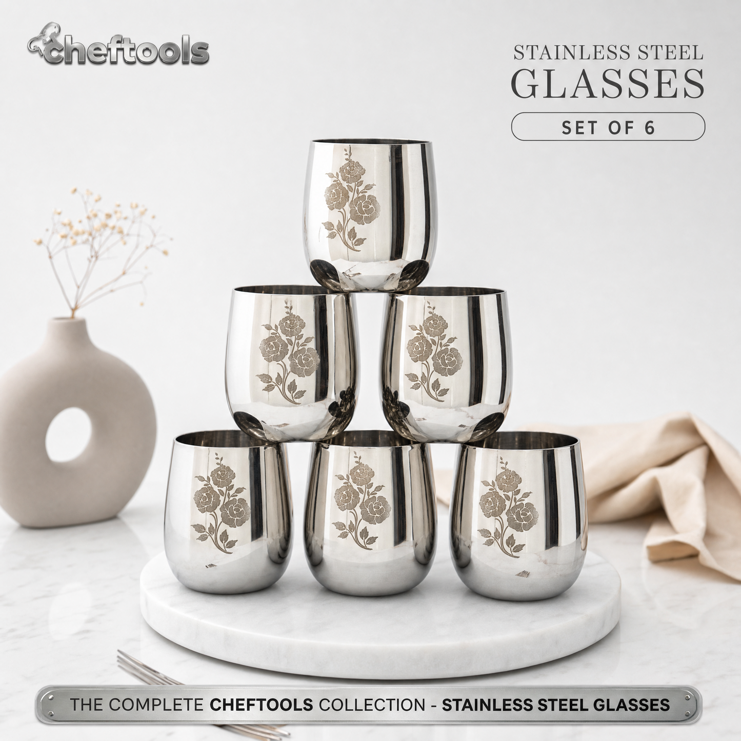 Laser Design Cup Set – 6-Piece Stainless Steel Sipware | ChefTools