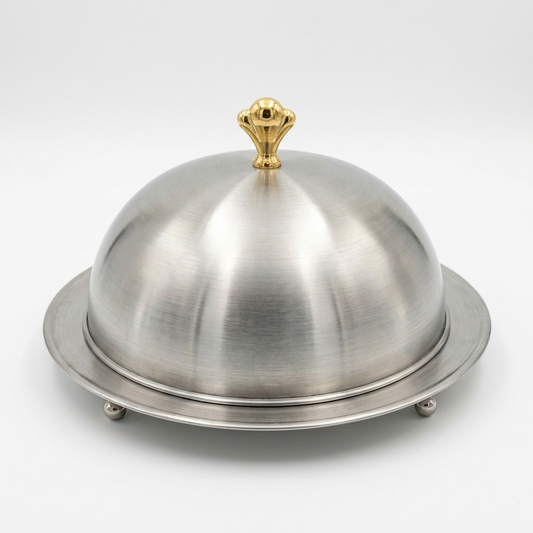 Mehfil BBQ Platter – Stainless Steel Dome Serving Set with Golden Crown Knob | 6 Sizes