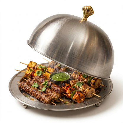 Mehfil BBQ Platter – Stainless Steel Dome Serving Set with Golden Crown Knob | 6 Sizes
