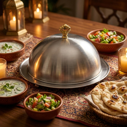 Mehfil BBQ Platter – Stainless Steel Dome Serving Set with Golden Crown Knob | 6 Sizes