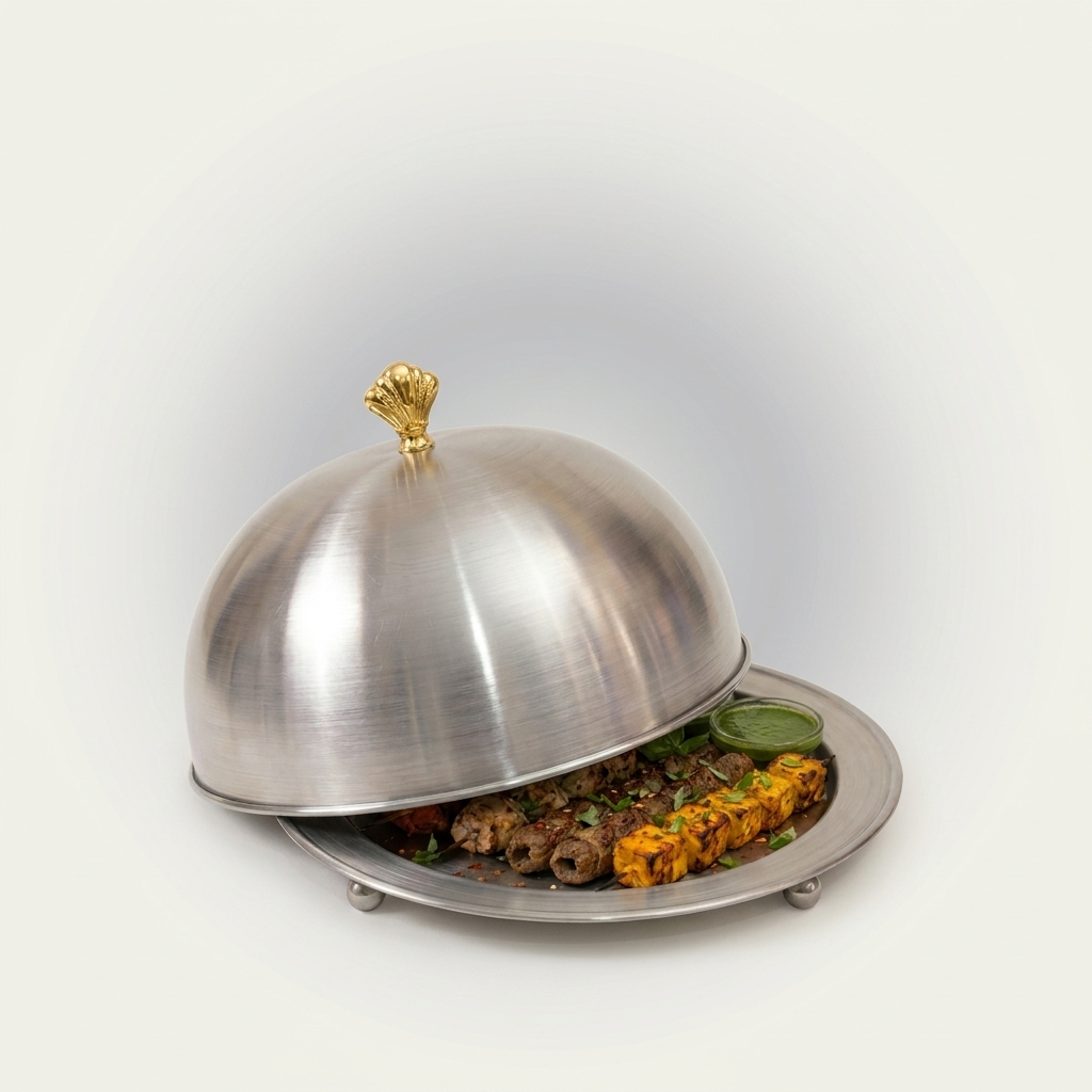 Mehfil BBQ Platter – Stainless Steel Dome Serving Set with Golden Crown Knob | 6 Sizes