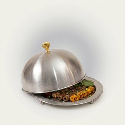 Mehfil BBQ Platter – Stainless Steel Dome Serving Set with Golden Crown Knob | 6 Sizes