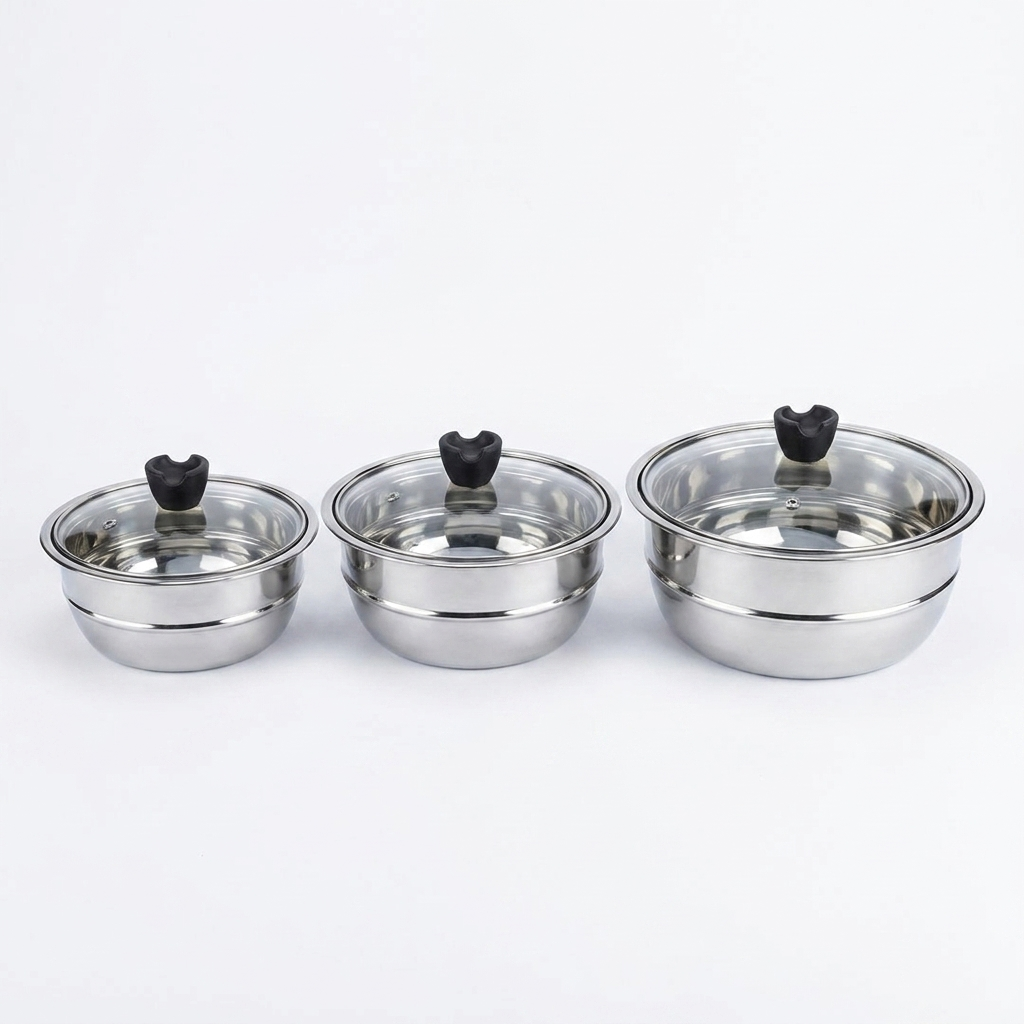 Nesting Steel Serving Bowl Set with Glass Lid – 3Pc | 1400-2000ML
