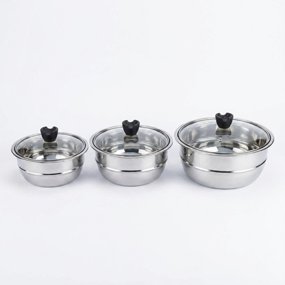 Nesting Steel Serving Bowl Set with Glass Lid – 3Pc | 1400-2000ML
