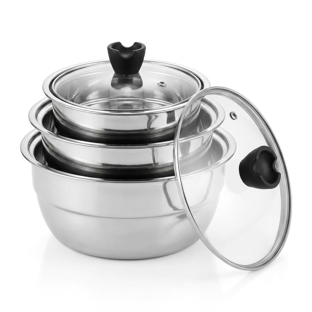Nesting Steel Serving Bowl Set with Glass Lid – 3Pc | 1400-2000ML