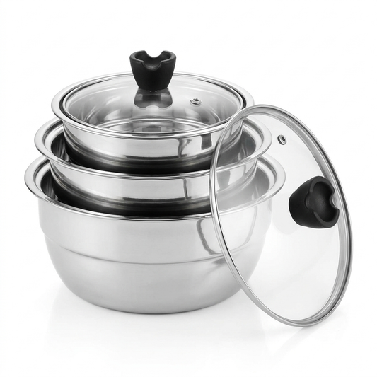 Nesting Steel Serving Bowl Set with Glass Lid – 3Pc | 1400-2000ML