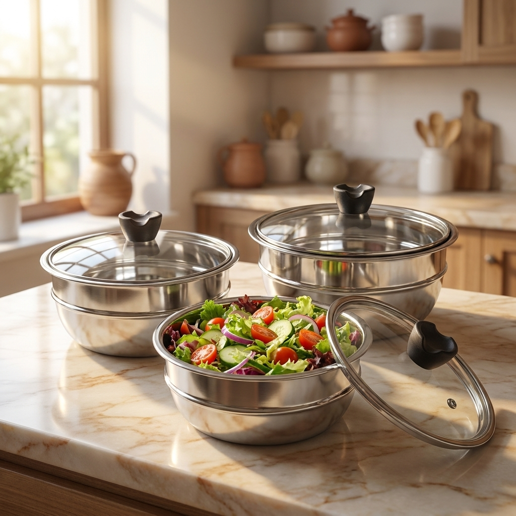 Nesting Steel Serving Bowl Set with Glass Lid – 3Pc | 1400-2000ML