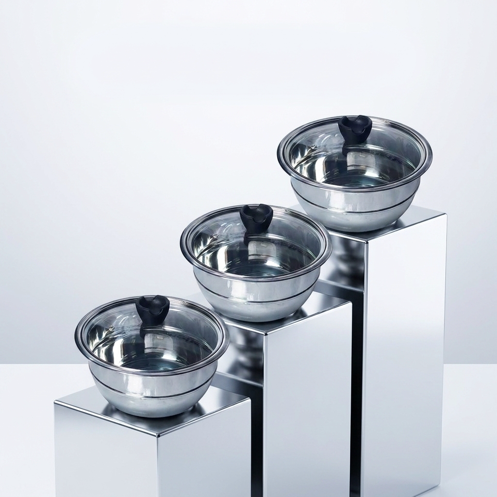 Nesting Steel Serving Bowl Set with Glass Lid – 3Pc | 1400-2000ML