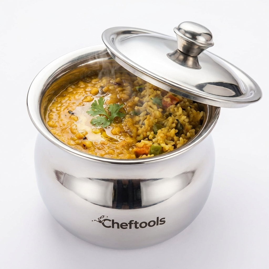 Khalis Handi filled with daal and rice - ChefTools stainless steel cook and serve pot
