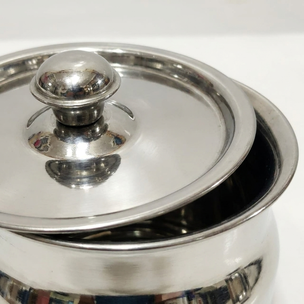 Khalis Handi lid close-up detail - stainless steel knob lid mirror finish