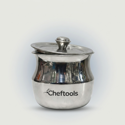 Khalis Handi plain studio shot - mirror polish stainless steel handi with knob lid