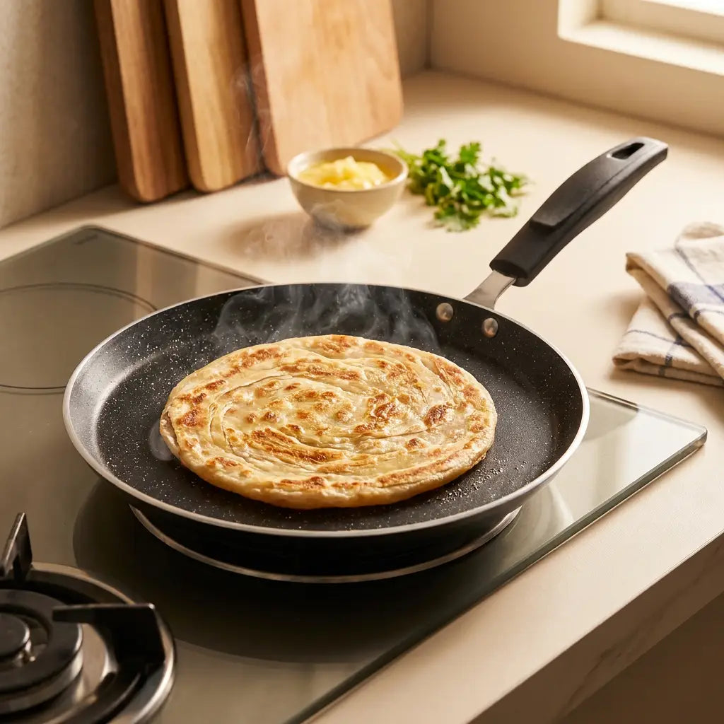 Obsidian Tawa cooking paratha on gas stove kitchen lifestyle