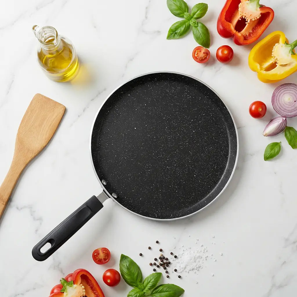 Obsidian Marble Non-Stick Hot Plate top view with vegetables on marble surface - lifestyle shot