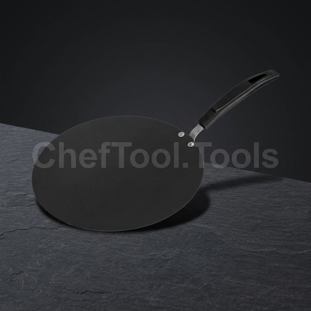ChefTools Induction Tawa Non-Stick Flat Roti Pan matte black with cool-touch handle on dark slate surface