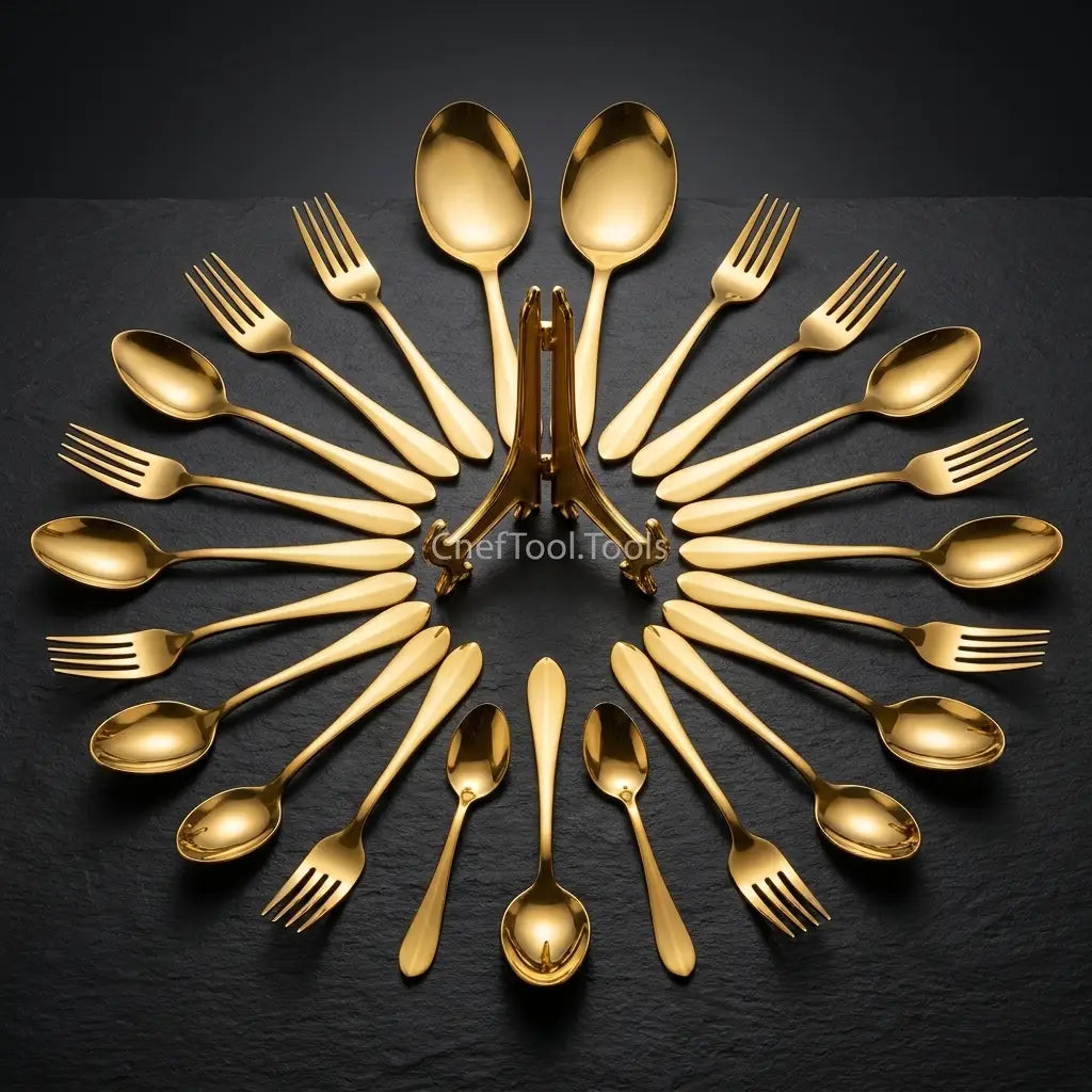 Zafran Gold Cutlery Set – 29 Piece Non-Magnetic Stainless Steel with Stand | PVD Gold Finish