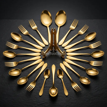 Zafran Gold Cutlery Set – 29 Piece Non-Magnetic Stainless Steel with Stand | PVD Gold Finish