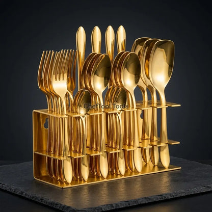 Zafran Gold Cutlery Set – 29 Piece Non-Magnetic Stainless Steel with Stand | PVD Gold Finish
