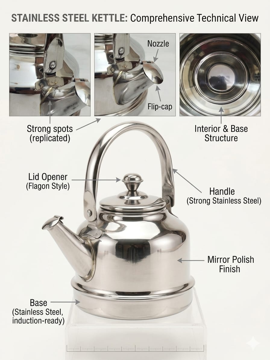 Stainless Steel Stove Kettle – Classic Flagon Design Mirror Polish | ChefTools